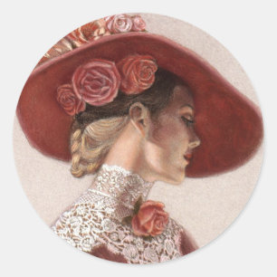 Elegant Victorian Lady Fine Art Vintage Rose Hat Classic Round Sticker