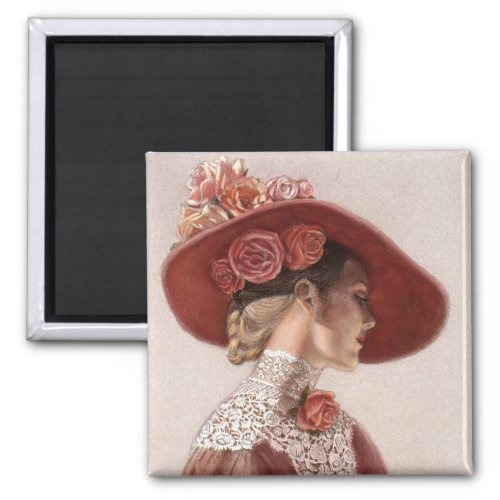 Elegant Victorian Lady Fine Art Vintage Rose Hat Magnet