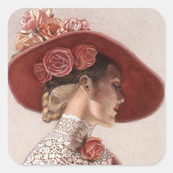 Elegant Victorian Lady Fine Art Vintage Rose Hat Square Sticker