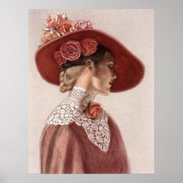 Elegant Victorian Lady, Rose Hat Decor Art Poster (Front)