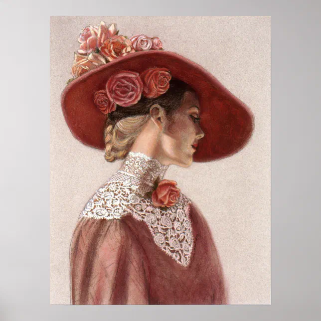 Elegant Victorian Lady, Rose Hat Decor Art Poster | Zazzle