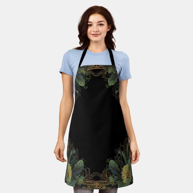 Elegant victorian moody dark green gold botanical  apron (Worn)