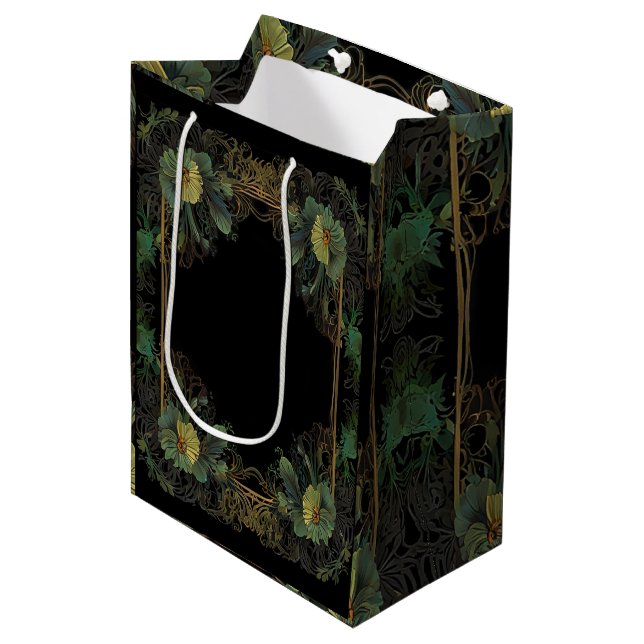 Elegant victorian moody dark green gold botanical  medium gift bag (Front Angled)