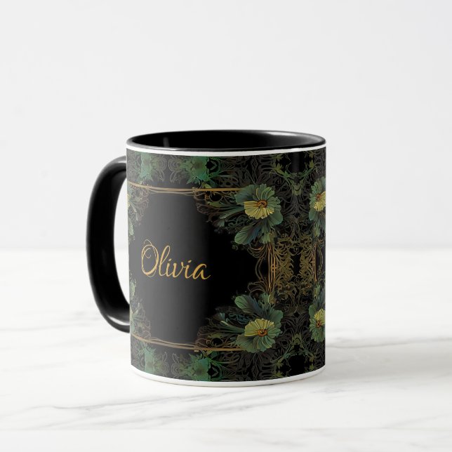 Elegant victorian moody dark green gold botanical  mug (Front Left)
