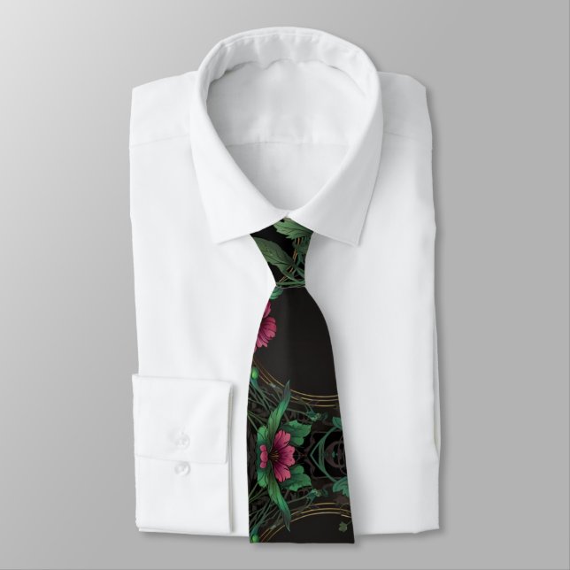 Elegant victorian moody dark green gold botanical  neck tie (Tied)