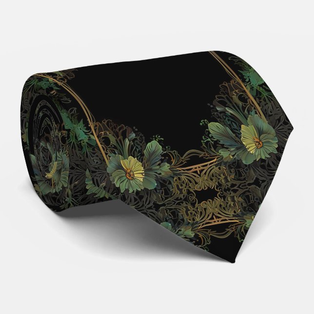 Elegant victorian moody dark green gold botanical  neck tie (Rolled)