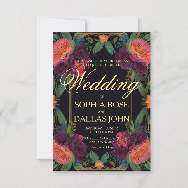 Elegant Victorian moody dark pink magenta floral  Invitation (Front)