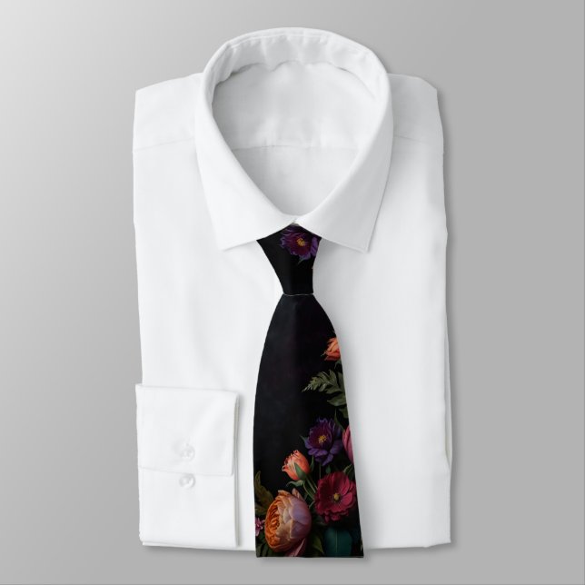 Elegant victorian moody dark roses botanical  neck tie (Tied)