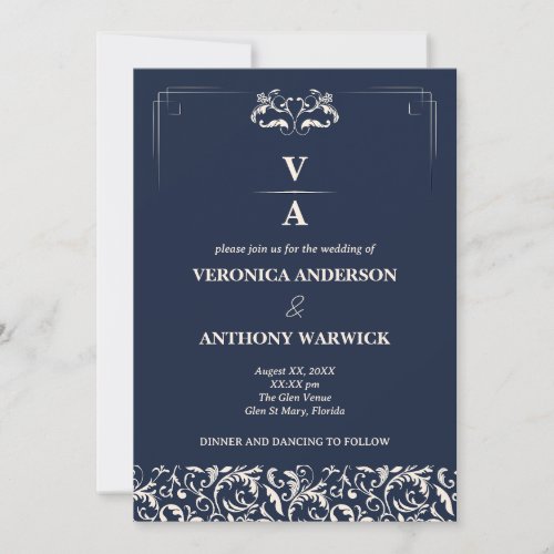 Elegant Victorian Navy Blue Floral Wedding Invitation