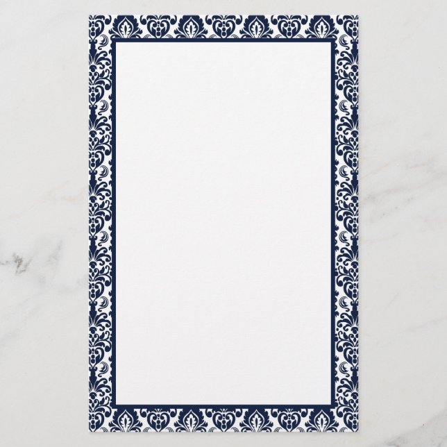 Elegant Victorian Navy Lace Damask Pattern Border Stationery (Front)