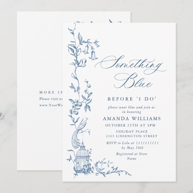 Elegant Victorian Ornate Blue Floral Bridal Shower Invitation (Front/Back)