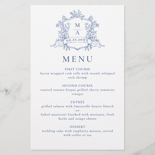 Elegant Victorian Ornate Blue Floral Wedding Menu (Front)