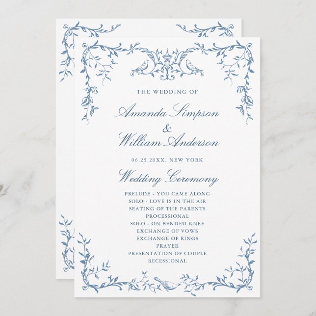 Elegant Victorian Ornate Blue Floral Wedding  Program (Front/Back)