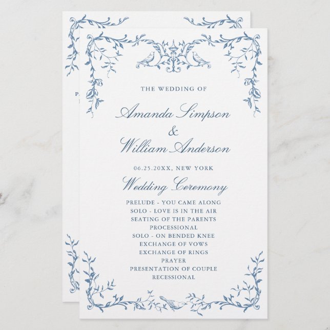 Elegant Victorian Ornate Blue Wedding Program (Front/Back)