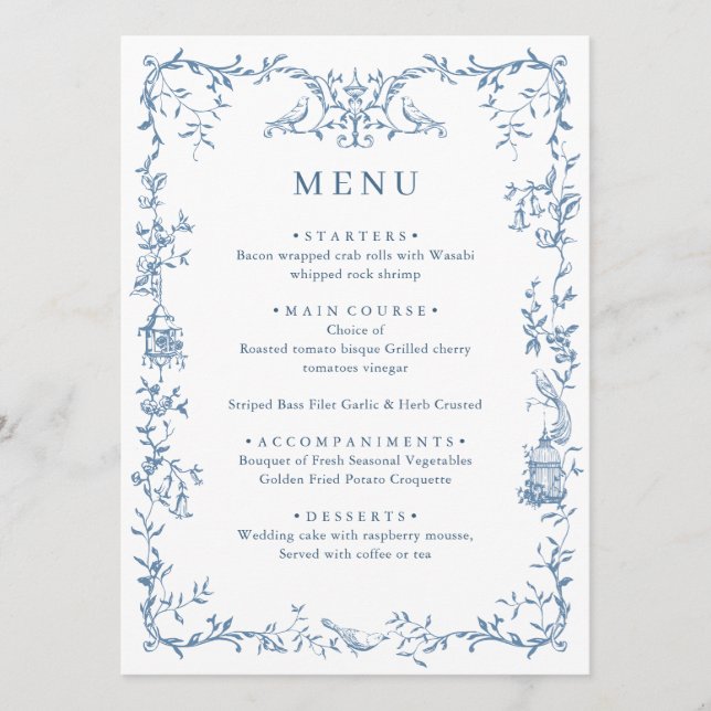 Elegant Victorian Ornate Dusty Blue Floral Wedding Menu (Front)