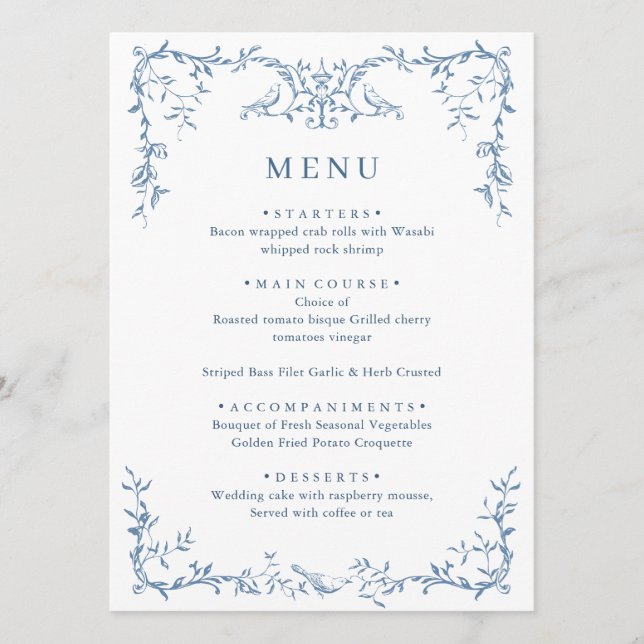 Elegant Victorian Ornate Dusty Blue Floral Wedding Menu (Front)