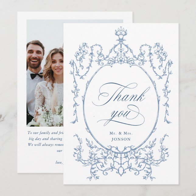 Elegant Victorian Ornate Dusty Blue Wedding Photo Thank You Card (Front/Back)
