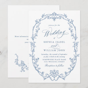 Elegant Victorian Ornate Floral Dusty Blue Wedding Invitation