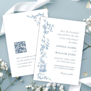 Elegant Victorian Ornate Floral Dusty Blue Wedding Invitation
