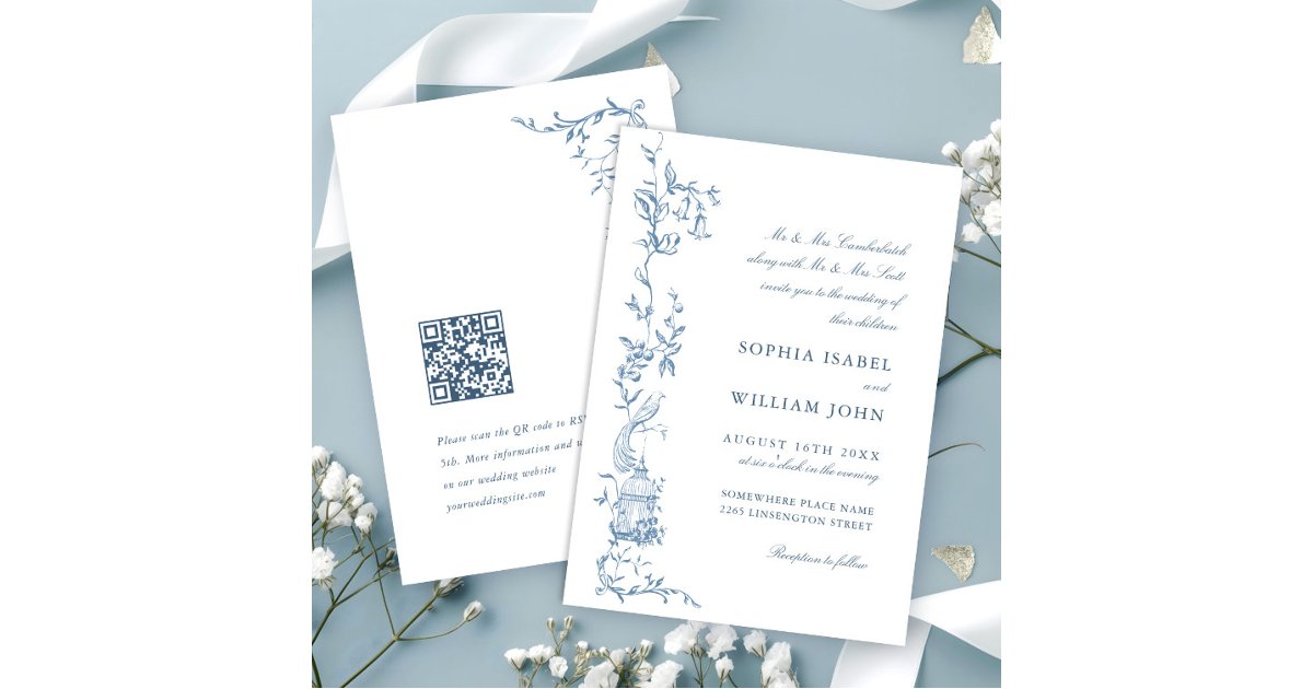 Elegant Victorian Ornate Floral Dusty Blue Wedding Invitation | Zazzle