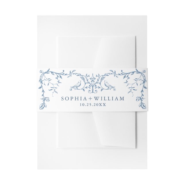 Elegant Victorian Ornate Floral Dusty Blue Wedding Invitation Belly Band (Front Example)