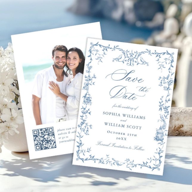 Elegant Victorian Ornate Floral Dusty Blue Wedding Save The Date (Creator Uploaded)