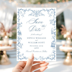 Elegant Victorian Ornate Floral Dusty Blue Wedding Save The Date