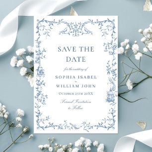 Elegant Victorian Ornate Floral Dusty Blue Wedding Save The Date