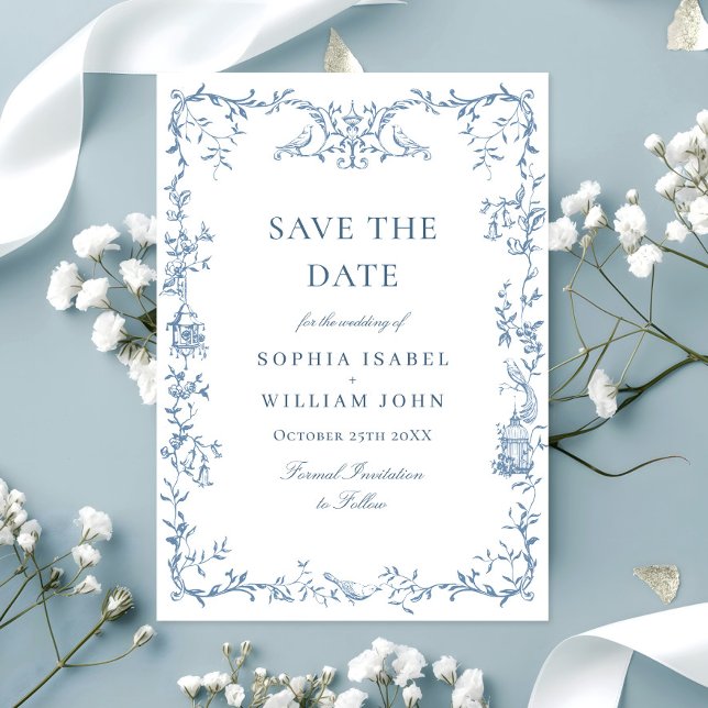 Elegant Victorian Ornate Floral Dusty Blue Wedding Save The Date (Creator Uploaded)
