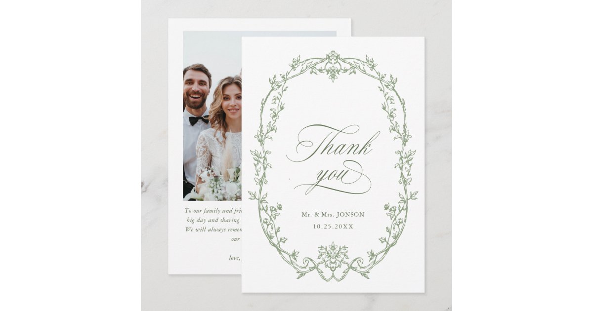 Elegant Victorian Ornate Sage Green Wedding Photo Thank You Card | Zazzle