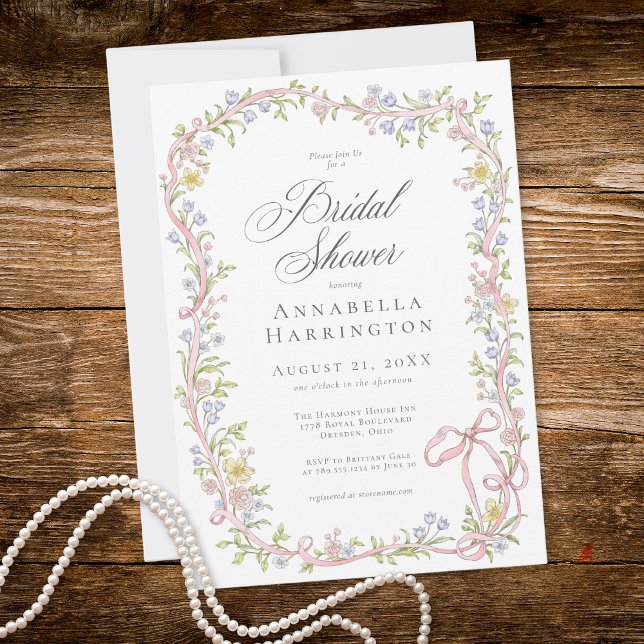 Elegant Victorian Pastel Floral Bow Bridal Shower Invitation (Elegant Victorian Pastel Floral Bow Bridal Shower Invitation)