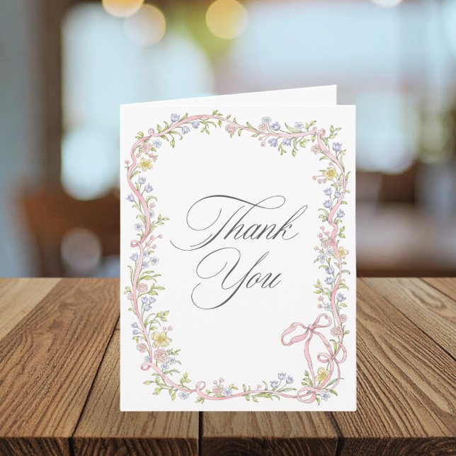 Elegant Victorian Pastel Floral Bow Photo Wedding Thank You Card (Elegant Victorian Pastel Floral Bow Photo Wedding Thank You Card)