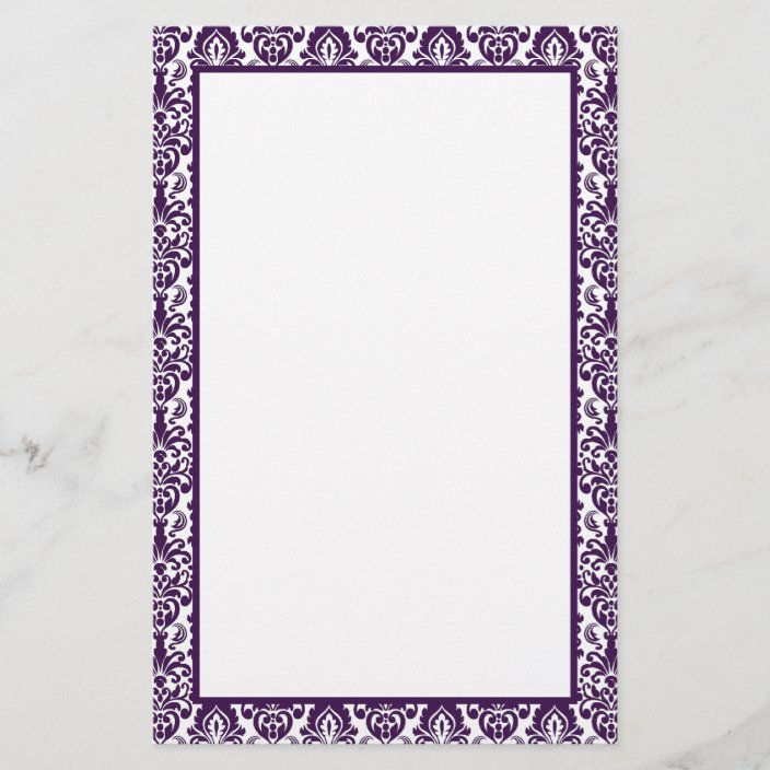 Elegant Victorian Purple Lace Damask Print Border Stationery | Zazzle