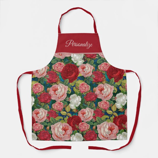 Elegant Victorian Red Pink Roses Apron (Front)