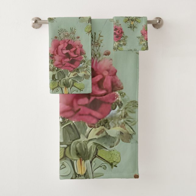 Elegant Victorian Red Rose Pattern Bath Towel Set (Insitu)