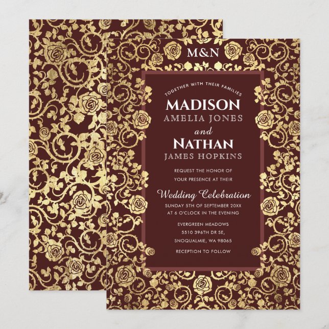 Elegant Victorian Rose Gold Foil Wedding Invitation (Front/Back)