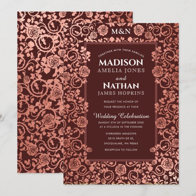 Elegant Victorian Rose Gold Foil Wedding Invitation (Front/Back)