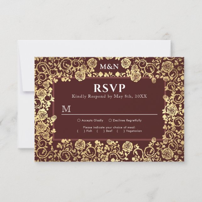 Elegant Victorian Rose Gold Foil Wedding RSVP Card (Front)