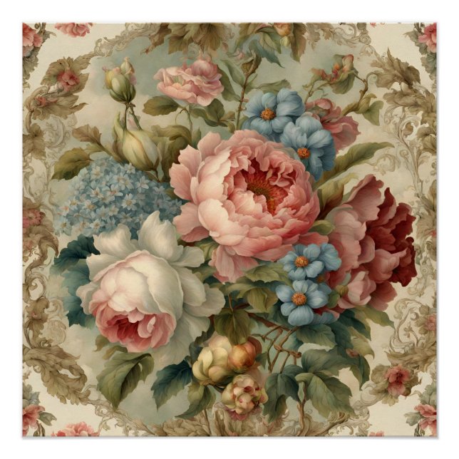 Elegant Victorian Roses, Garden Flowers  Poster (Front)