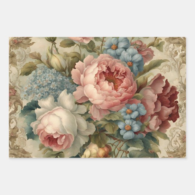 Elegant Victorian Roses, Garden Flowers  Wrapping Paper Sheets (Front)