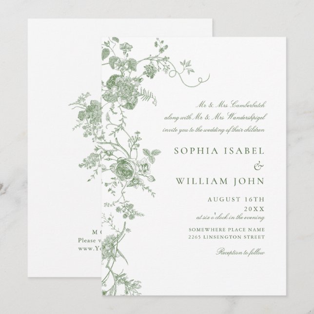 Elegant Victorian Sage Green French Floral Wedding Invitation (Front/Back)