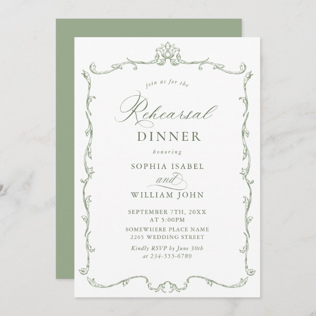 Elegant Victorian Sage Green Rehearsal Dinner Invitation (Front/Back)
