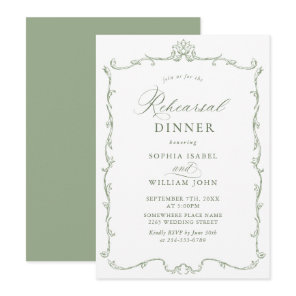 Elegant Victorian Sage Green Rehearsal Dinner Invitation