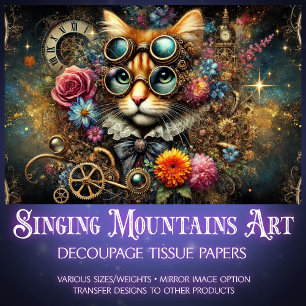 Elegant Victorian Steampunk Tabby Cat Decoupage Tissue Paper