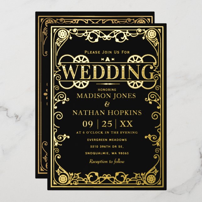 Elegant Victorian Steampunk Wedding  Foil Invitation (Front/Back)