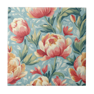Elegant Victorian Style Floral Peonies Tulips Ceramic Tile