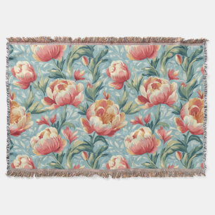 Elegant Victorian Style Floral Peonies Tulips Throw Blanket