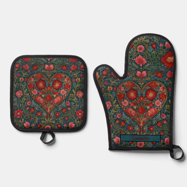 Elegant Victorian Valentines Day heart design Oven Mitt & Pot Holder Set (Front)