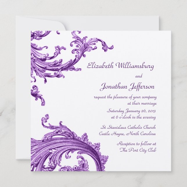 Elegant Victorian Violet Sweep Wedding Invitation (Back)