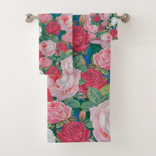 Elegant Victorian Watercolor Red and Pink Roses  Bath Towel Set